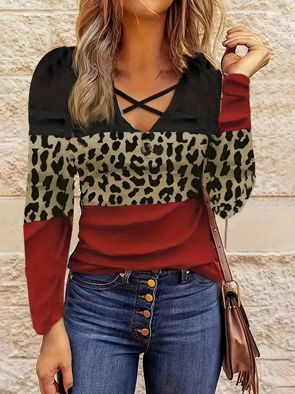 Crisscross Color Block Long Sleeve T-Shirt Deep Red