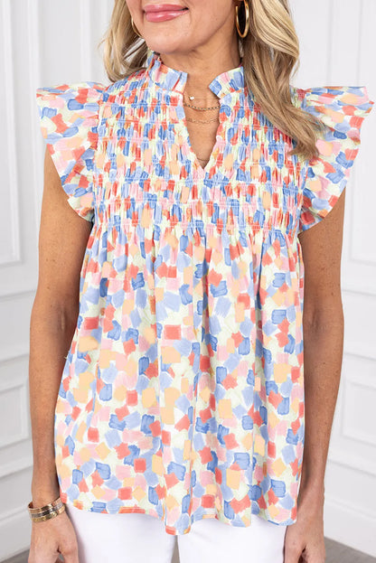 Ruffled Printed Notched Cap Sleeve Blouse Sherbet