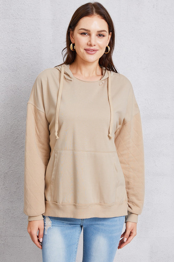 Drawstring Kangaroo Pocket Dropped Shoulder Hoodie Khaki