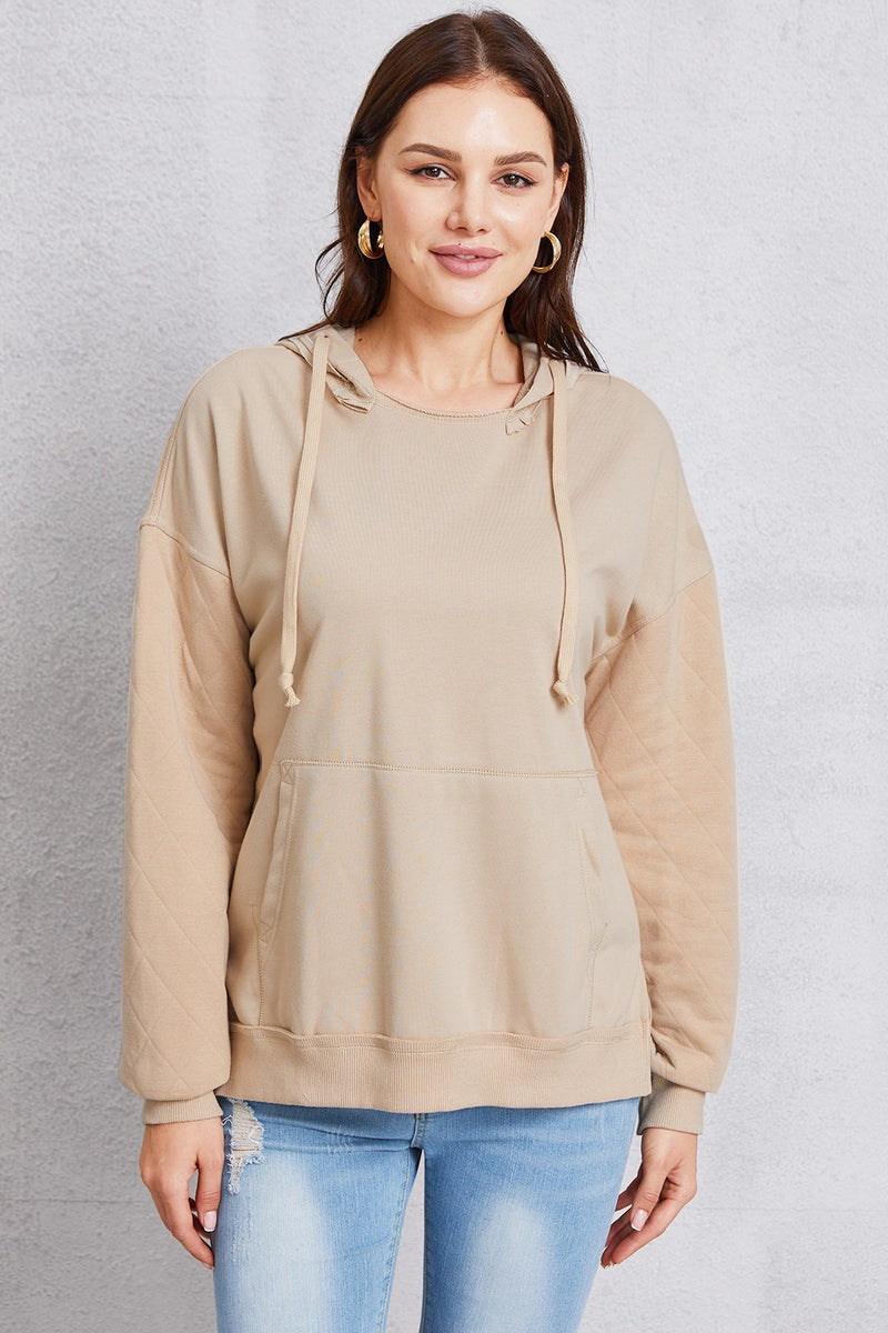 Drawstring Kangaroo Pocket Dropped Shoulder Hoodie Khaki