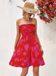 Floral Frill Trim Strapless Smocked Dress Deep Red