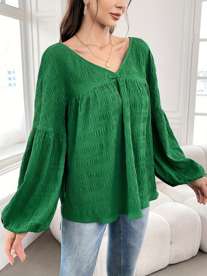 Plus Size Texture V-Neck Long Sleeve Top Dark Green
