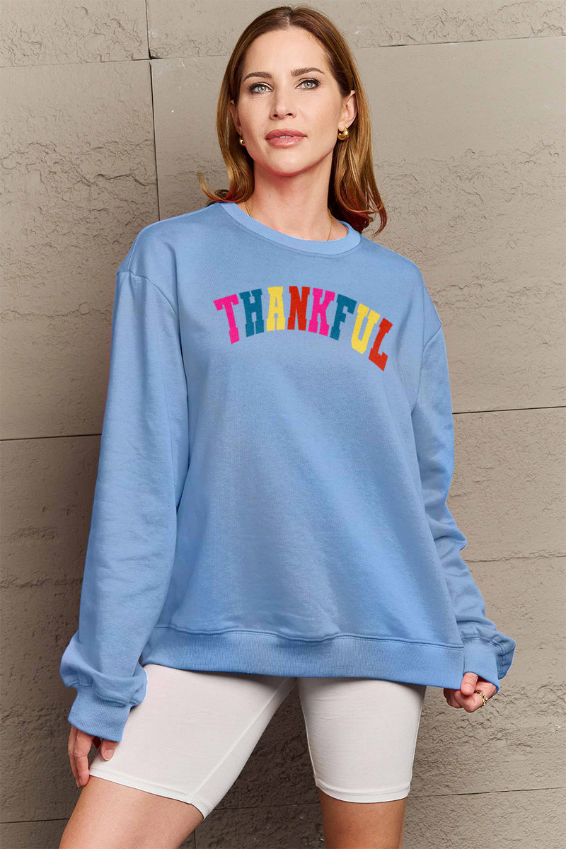 Simply Love Full Size THANKFUL Graphic Sweatshirt Pastel Blue