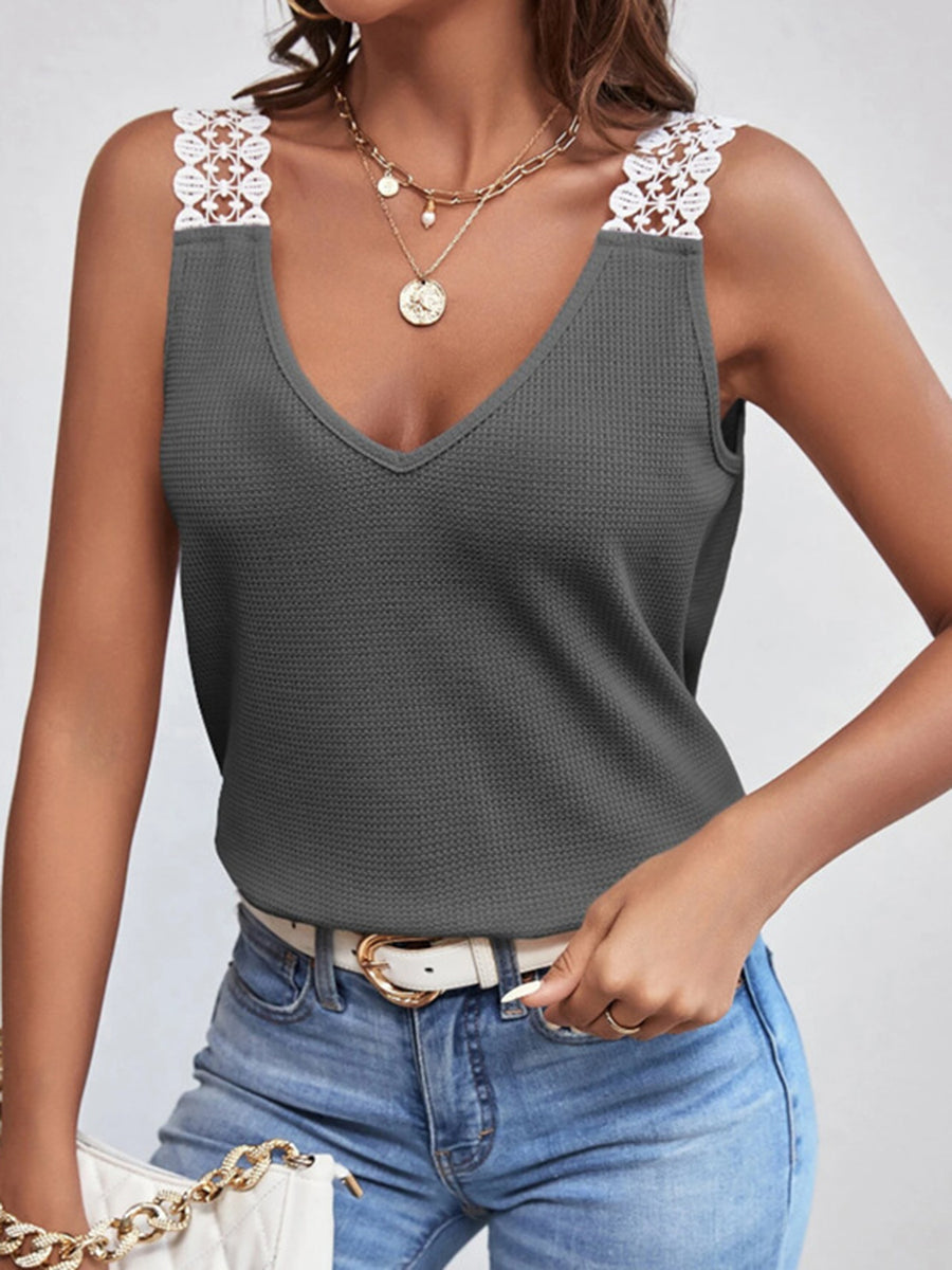 Lace Detail Waffle-Knit V-Neck Tank Dark Gray
