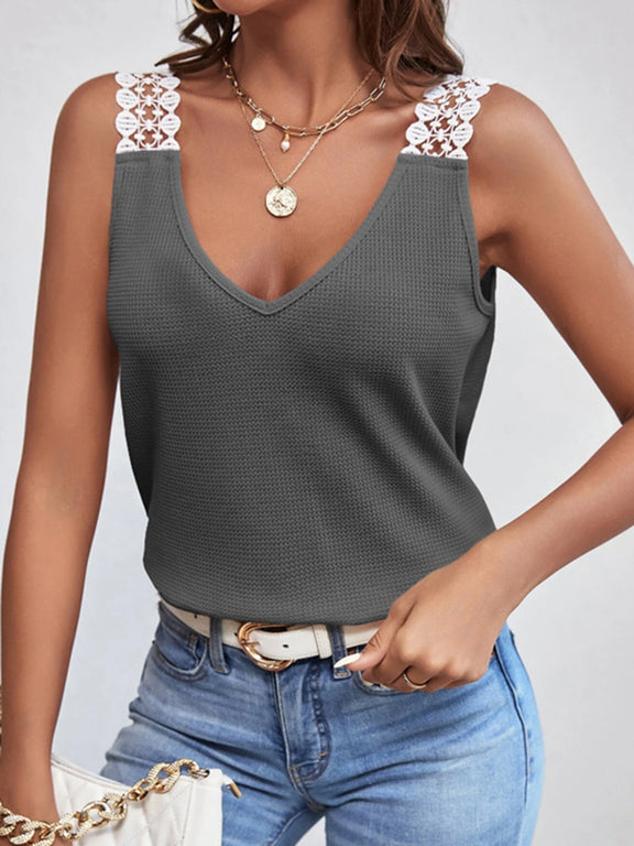 Lace Detail Waffle-Knit V-Neck Tank Dark Gray