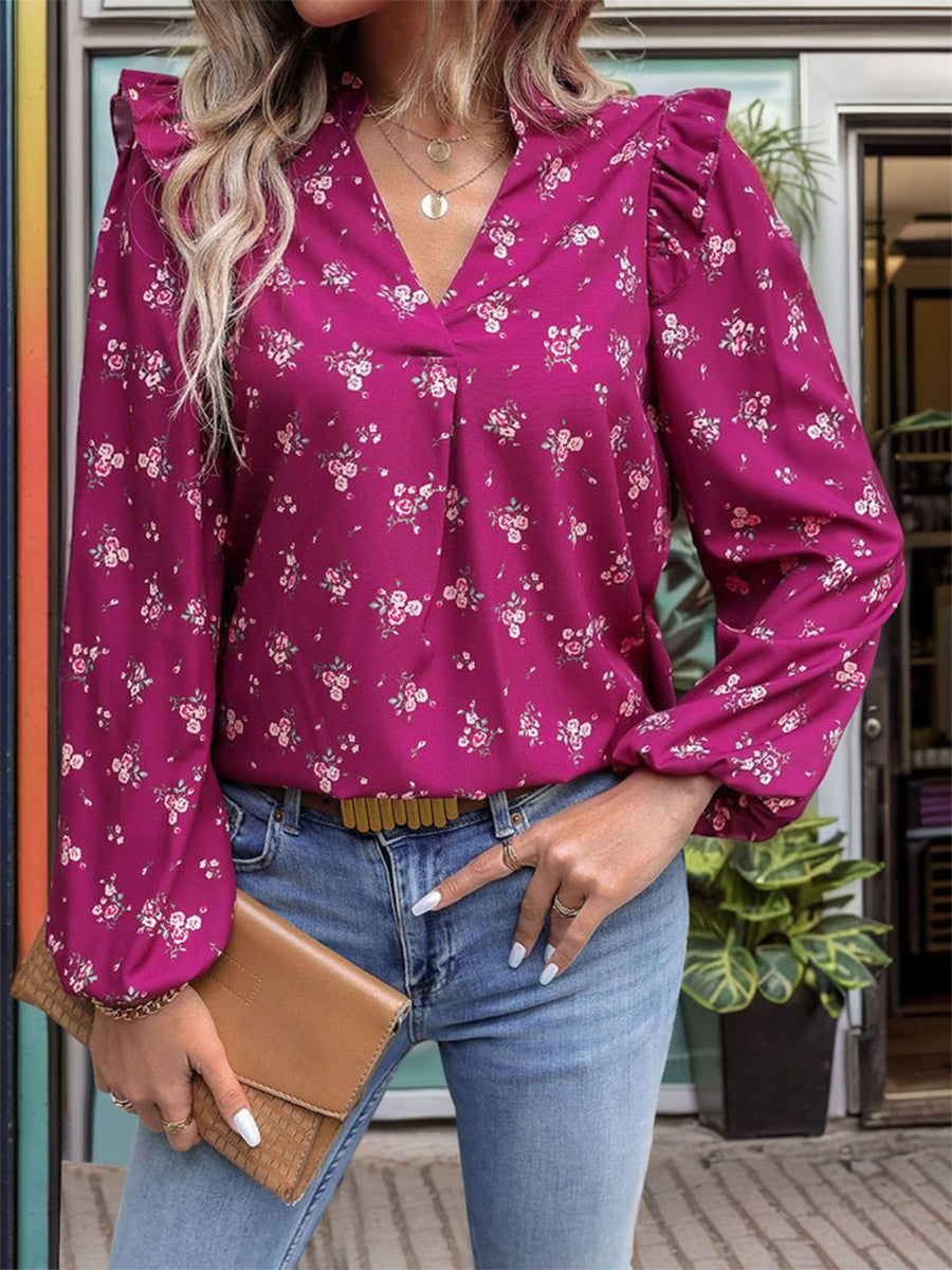 Perfee Ruffled Printed Notched Long Sleeve Blouse