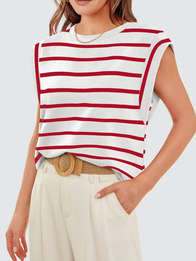 Florira Striped Round Neck Cap Sleeve T-Shirt Deep Red
