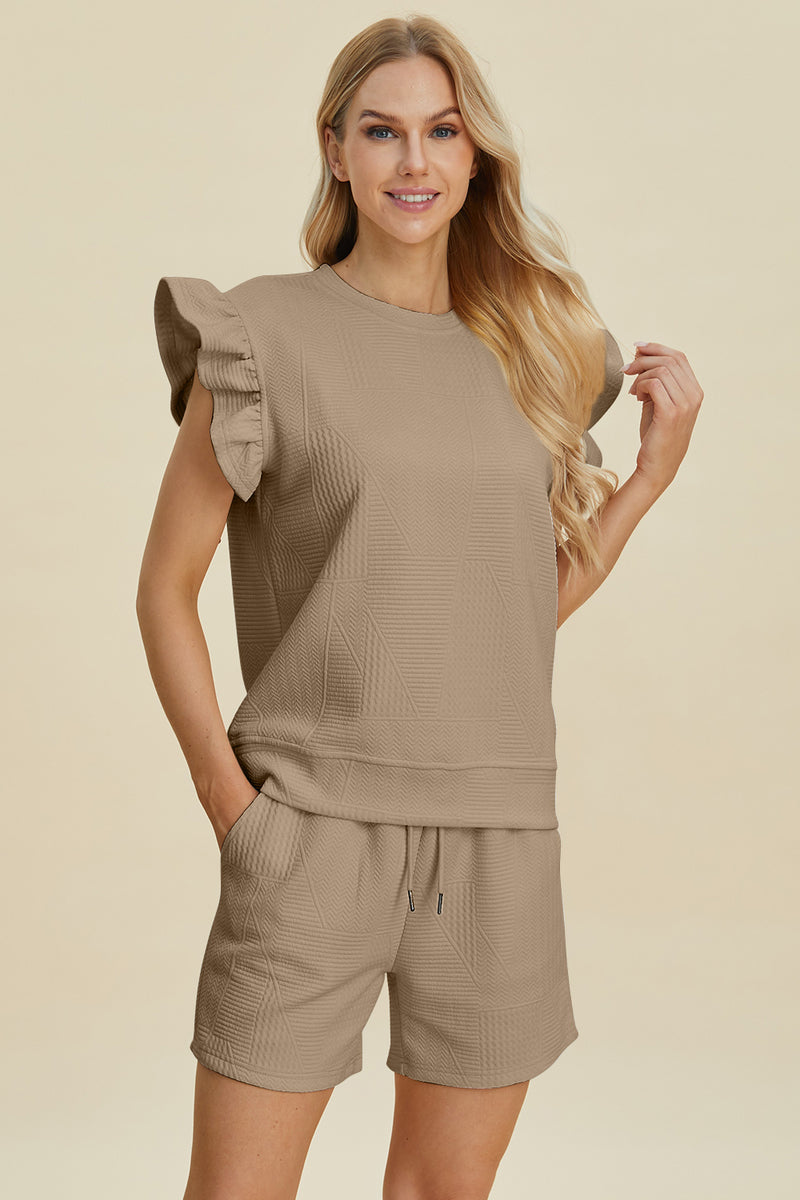 Double Take Full Size Texture Round Neck Ruffle Sleeve Top and Shorts Set Khaki