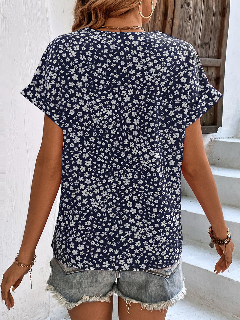 Printed V-Neck Short Sleeve Blouse