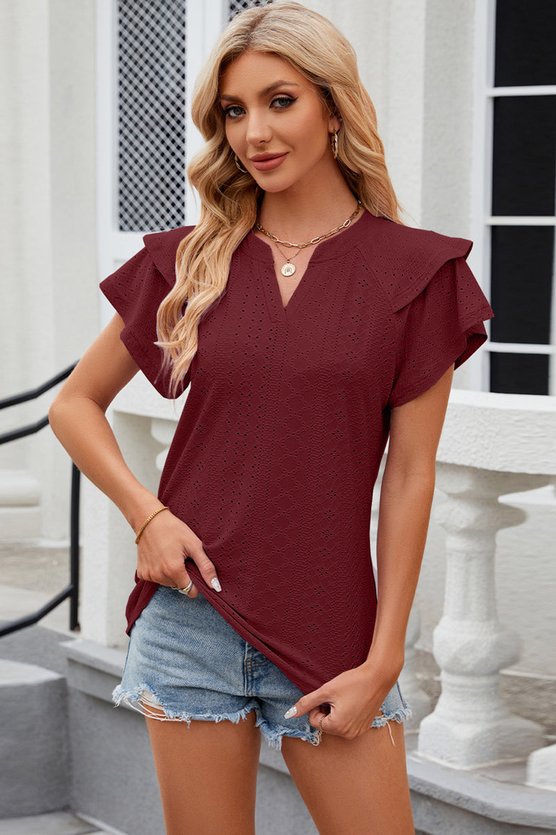 Eyelet Notched Short Sleeve T-Shirt Burgundy