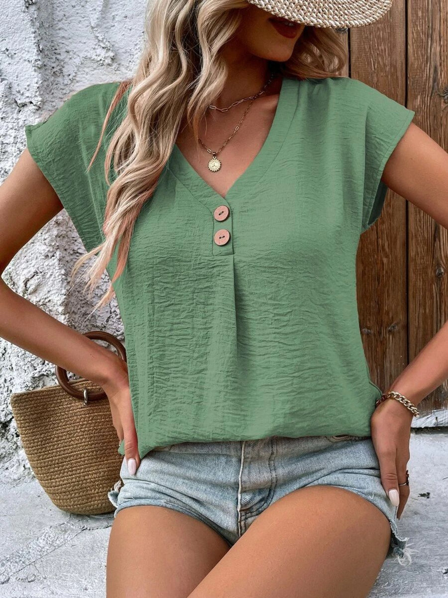 Decorative Button V-Neck Short Sleeve Blouse Sage