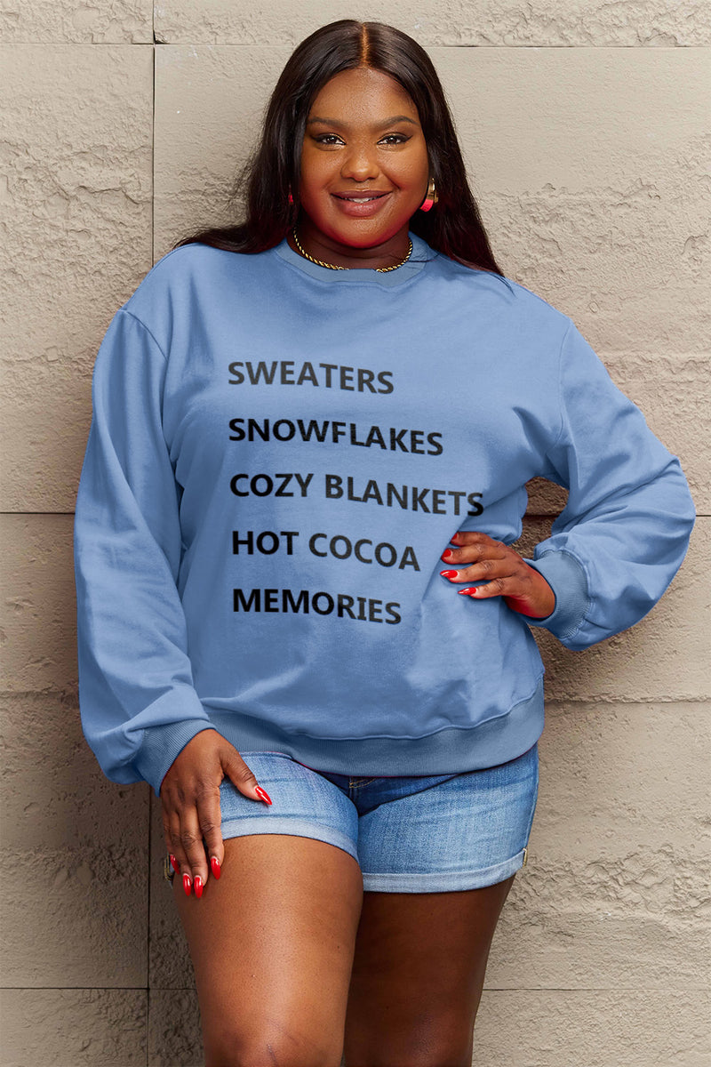 Simply Love Full Size Letter Graphic Round Neck Sweatshirt Light Blue