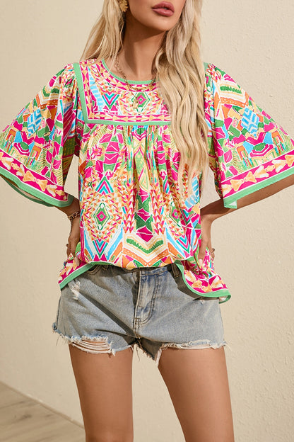 Printed Round Neck Half Sleeve Blouse Hot Pink