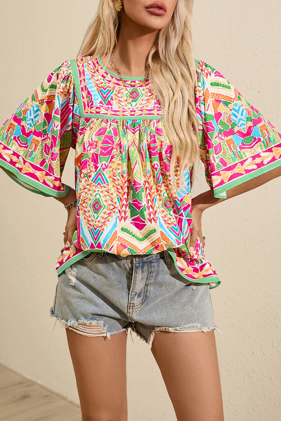 Printed Round Neck Half Sleeve Blouse Hot Pink