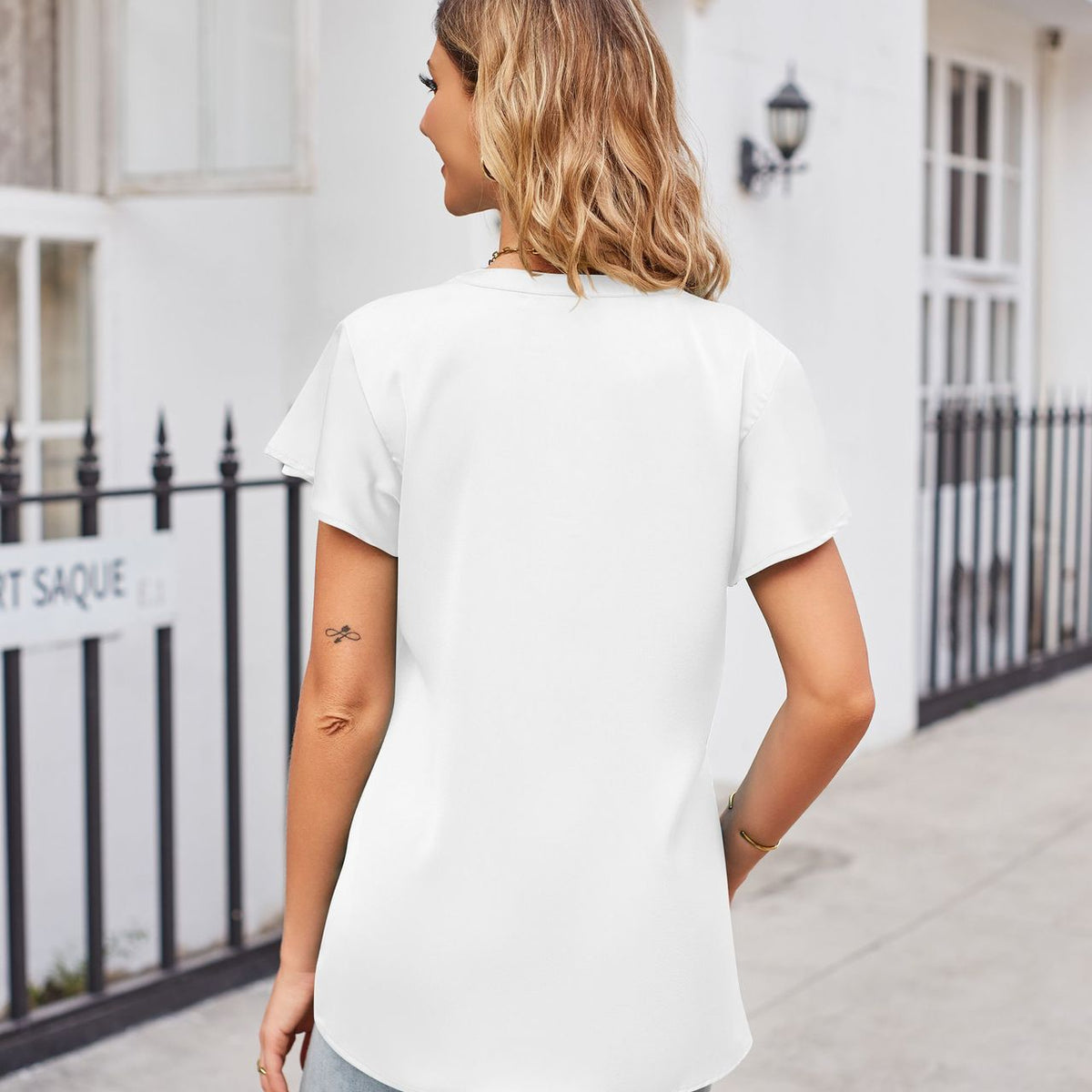 Notched Neck Flutter Sleeve Satin Top
