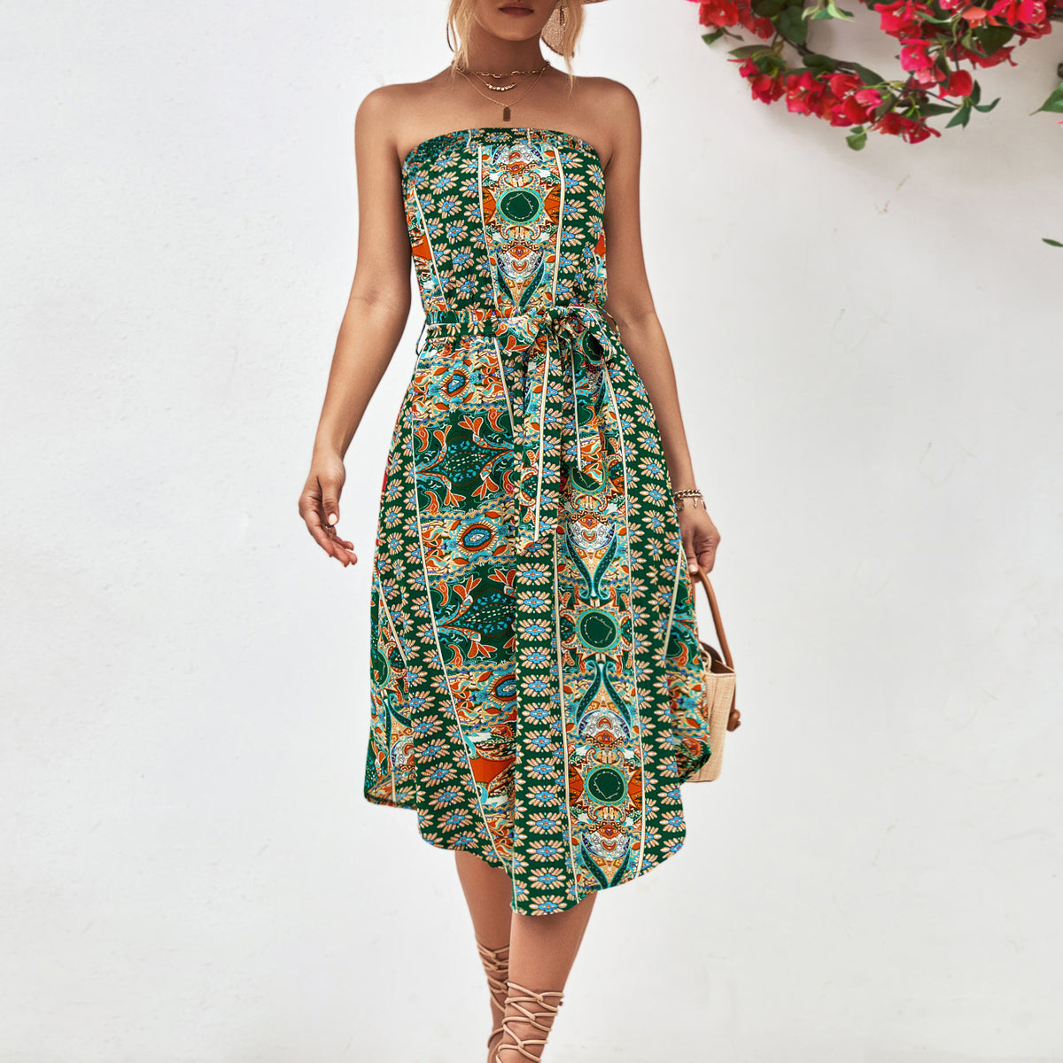 Printed Strapless Tie Belt Dress Green