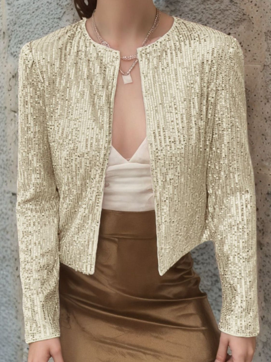 Full Size Sequin Open Front Cropped Jacket Pastel Yellow