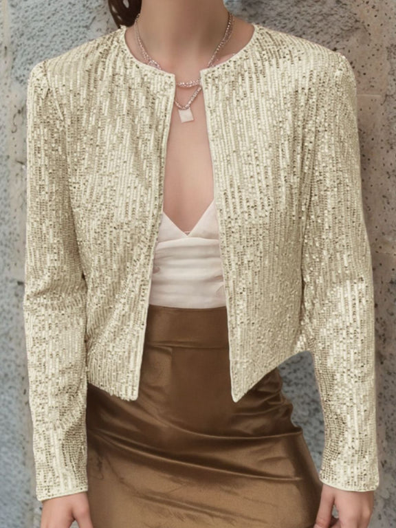 Full Size Sequin Open Front Cropped Jacket Pastel Yellow