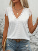 Perfee Eyelet Lace Detail V-Neck Cap Sleeve Top White