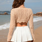 Drawstring Openwork Long Sleeve Cover-Up