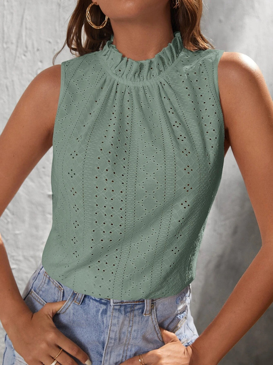 Tied Eyelet Mock Neck Tank Teal