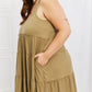 Zenana Full Size Spaghetti Strap Tiered Dress with Pockets in Khaki