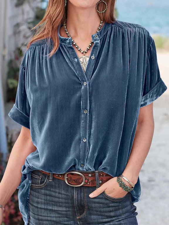 Ruched Round Neck Short Sleeve Shirt Dusty Blue