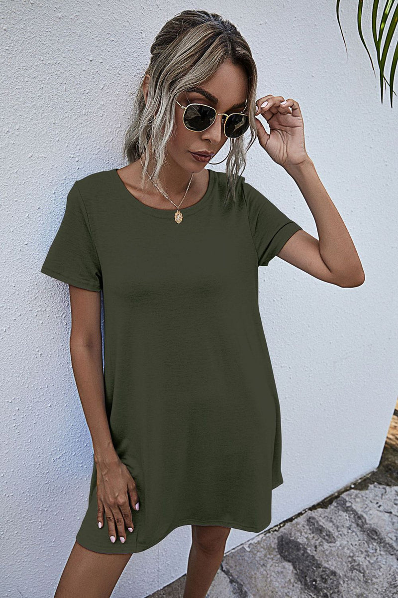 Round Neck Short Sleeve Mini Dress Army Green