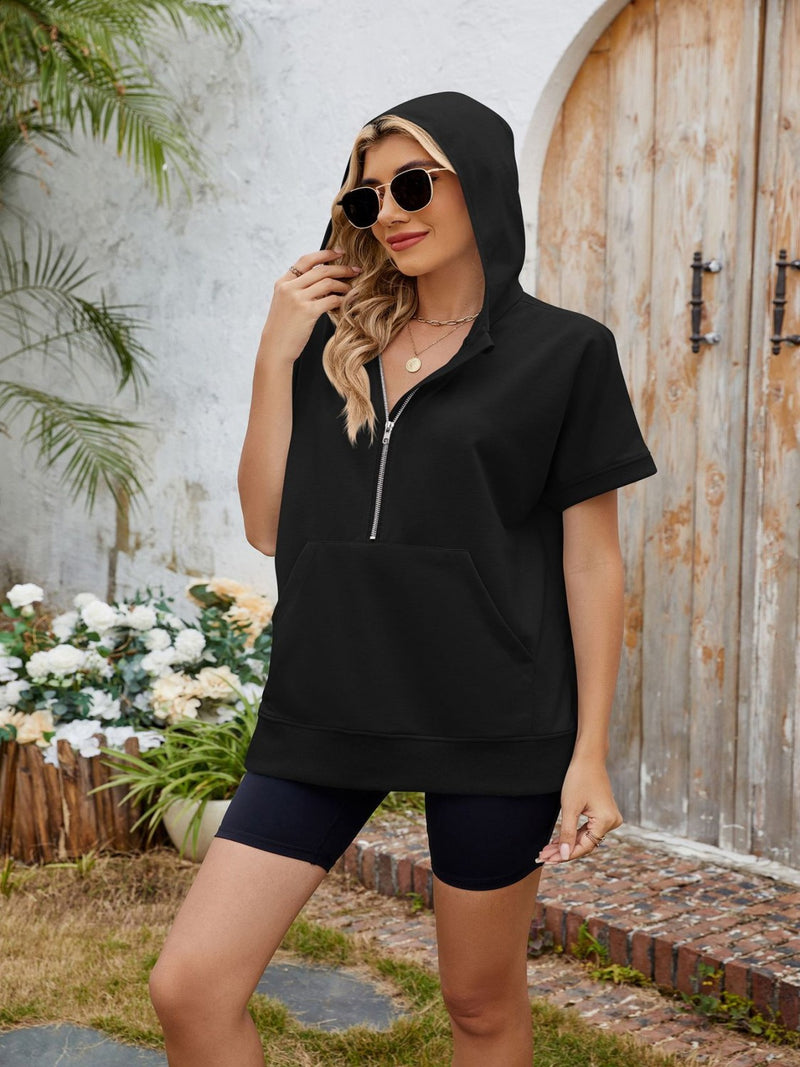 Half Zip Short Sleeve Hooded Top Black