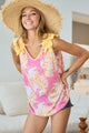 BiBi Printed V Neck Ruffled Tank Pink Multi