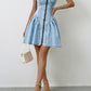 Ruched Zip Up Spaghetti Strap Denim Dress