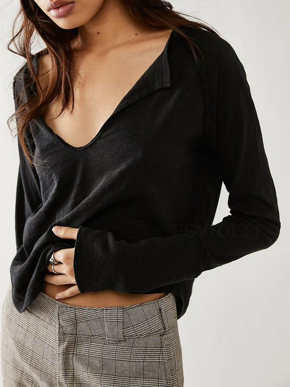 Exposed Seam Notched Long Sleeve T-Shirt Black
