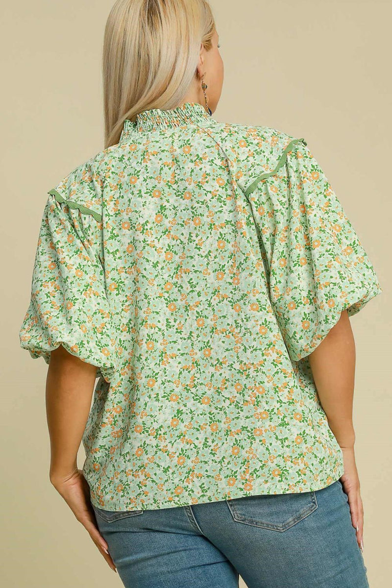 Umgee Full Size Floral Print Puff Sleeve Top Plus Size