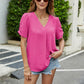 Ruched Short Sleeve V-Neck Blouse