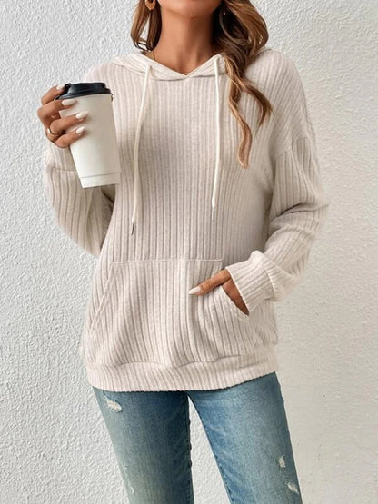 Ribbed Dropped Shoulder Drawstring Hoodie Pastel Yellow