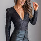 Sequin V-Neck Long Sleeve Bodysuit