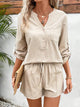 Notched Long Sleeve Top and Shorts Set Tan