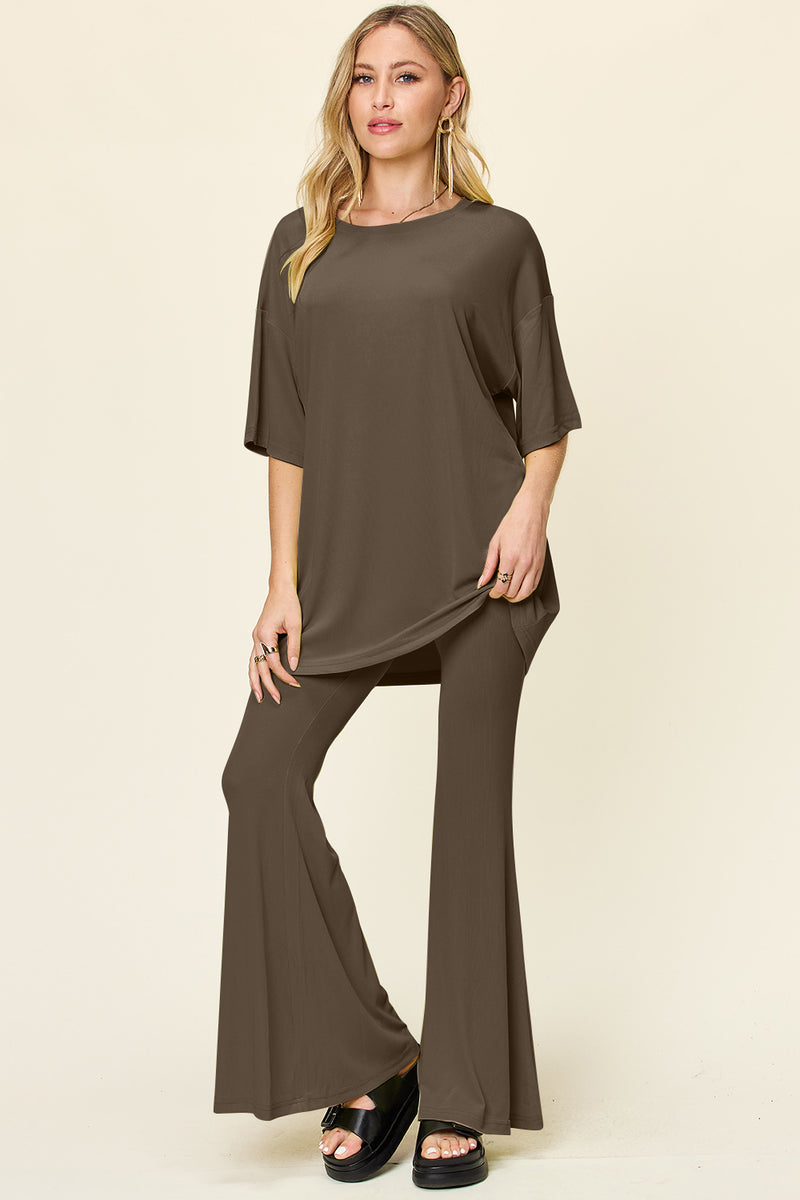 Double Take Full Size Round Neck Drop Shoulder T-Shirt and Flare Pants Set Mocha