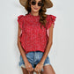 Ruffled Ditsy Floral Mock Neck Cap Sleeve Blouse