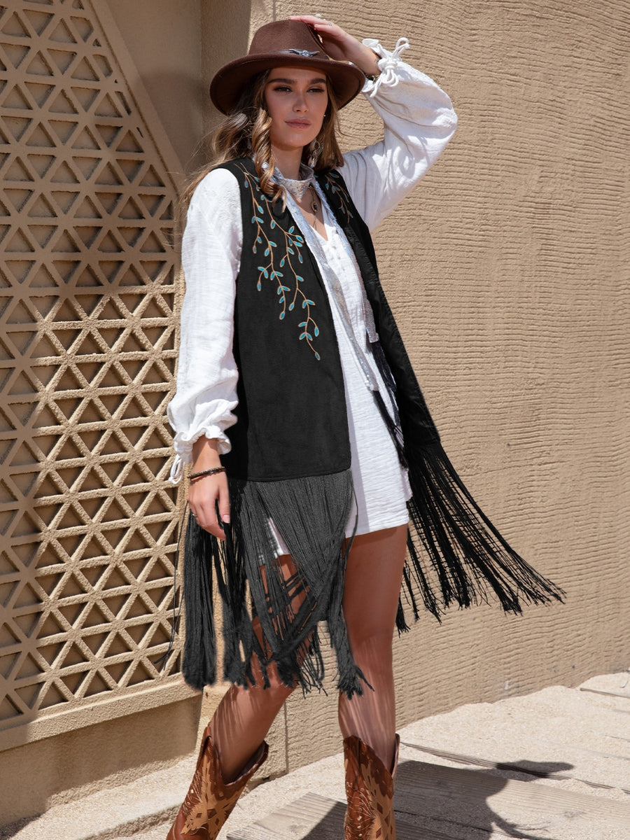 Faux Suede Fringe Hem Open Front Vest Black