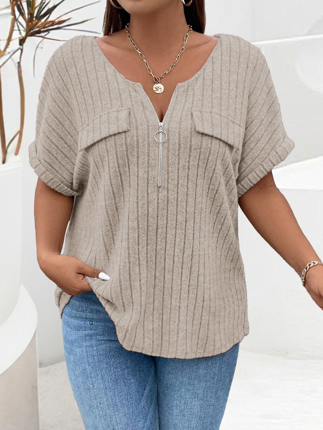 Plus Size Half Zip Short Sleeve T-Shirt Khaki