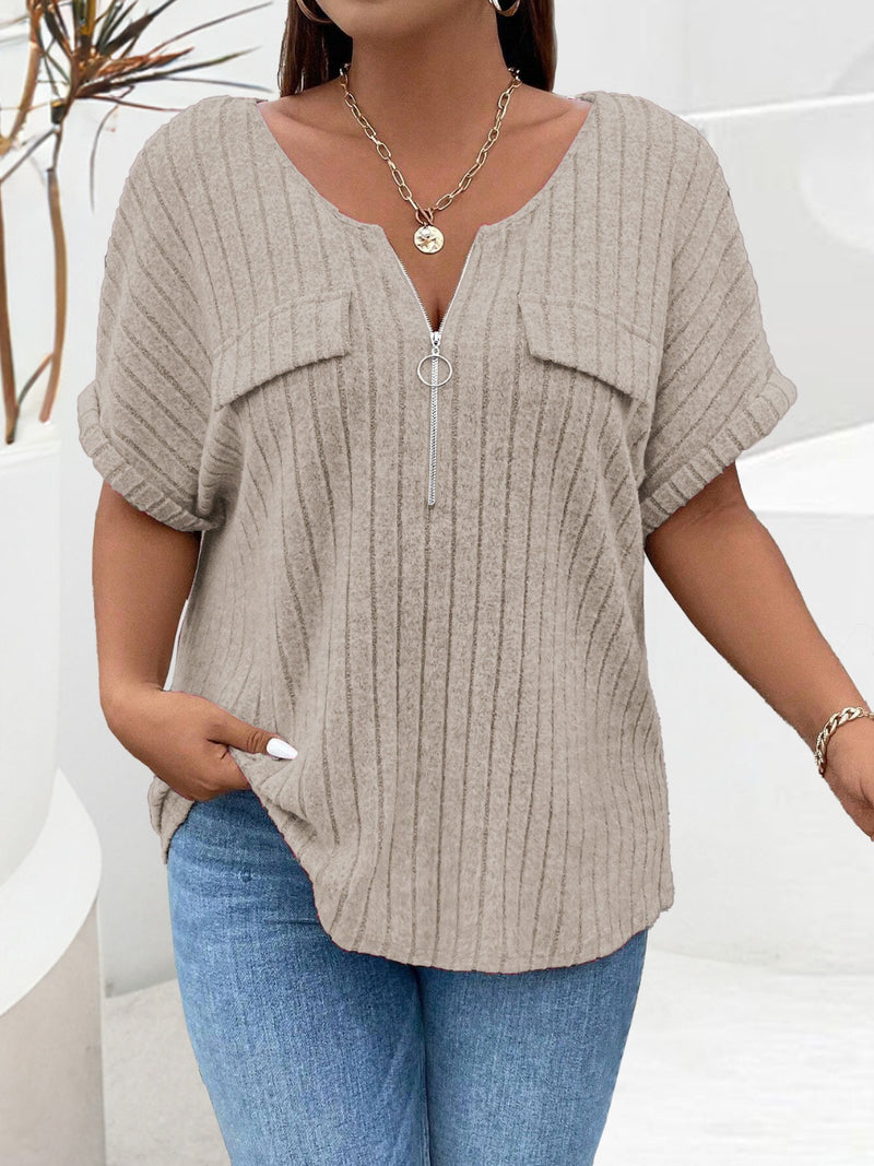 Plus Size Half Zip Short Sleeve T-Shirt Khaki