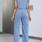 Tied Half Button Denim Jumpsuit with Pockets