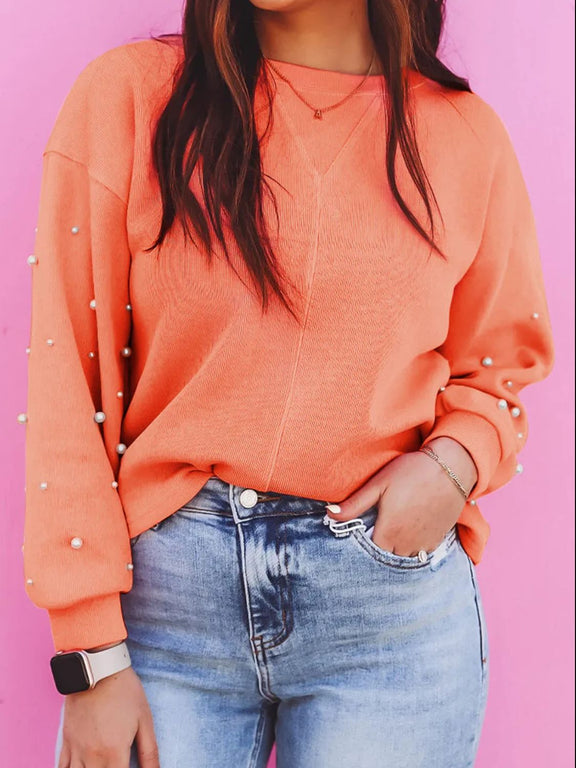 Pearl Detail Long Sleeve Sweatshirt Orange