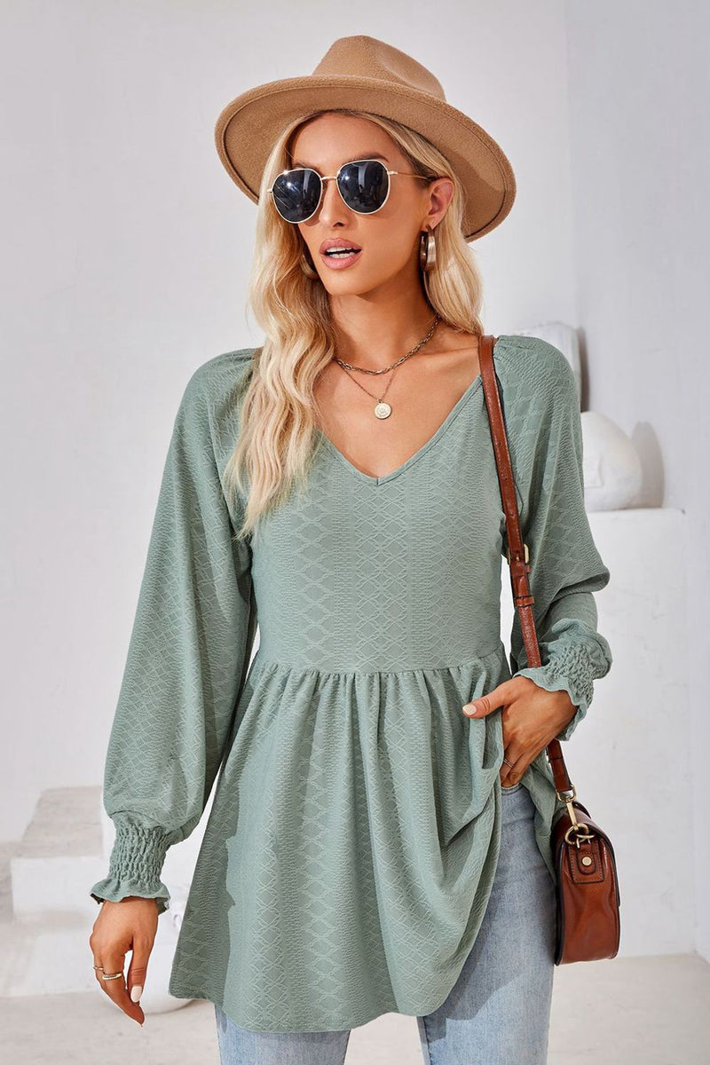 V-Neck Lantern Sleeve Blouse