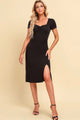 Ruched Sweetheart Neck Short Sleeve Slit Dress Black