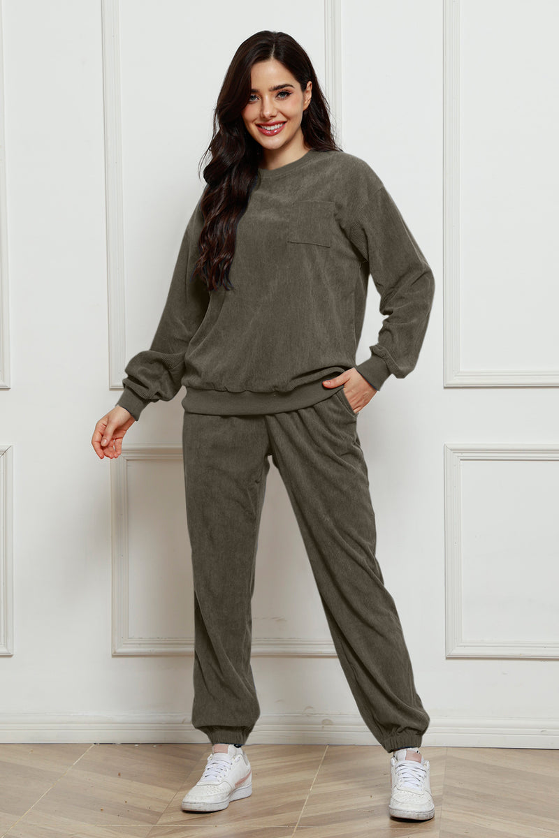 Corduroy Round Neck Sweatshirt and Sweatpants Set Army Green