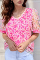 Bonbon Flowery Mesh Short Puff Sleeve Blouse Fuchsia Pink