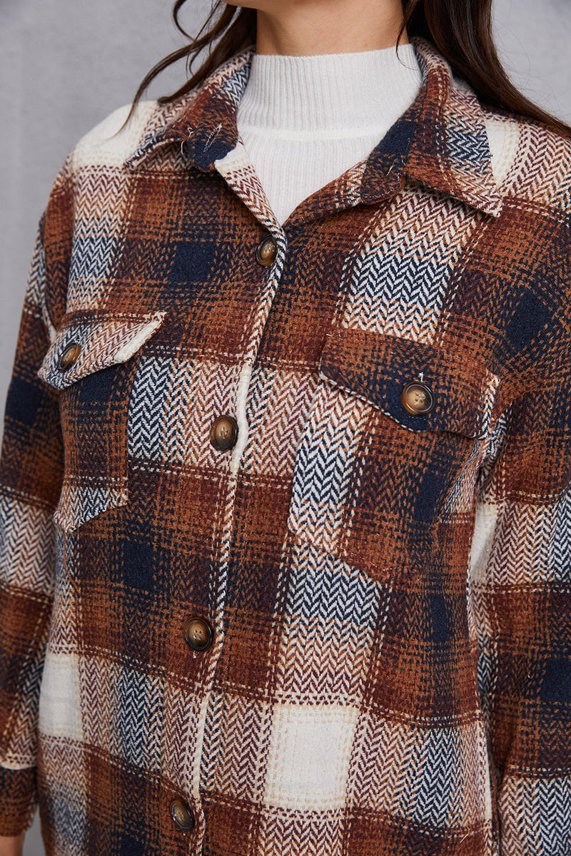 MeiMei Plaid Button Up Dropped Shoulder Coat with Pockets