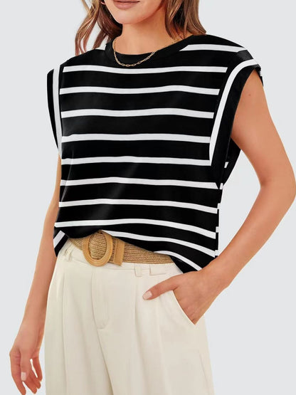 Florira Striped Round Neck Cap Sleeve T-Shirt Black
